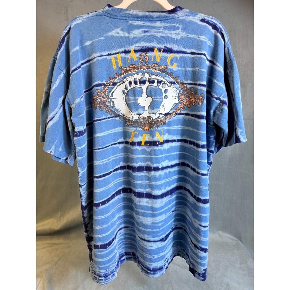 Vintage Hang Ten Men's XL T-Shirt Blue Tie Dye Striped Single Stitch Surf Skate